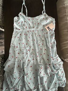 SO Light Blue Mini Dress with Red Cherry Print